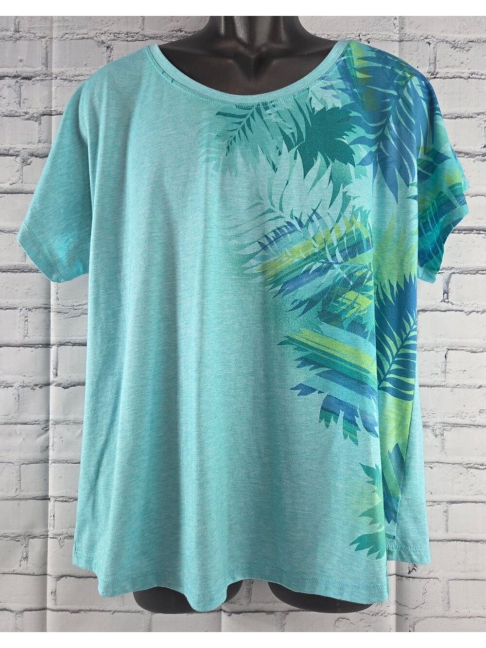Orvis Trout Bum Womens XL Tropical Print T-Shirt Blue Teal Short Sleeve Lightwei